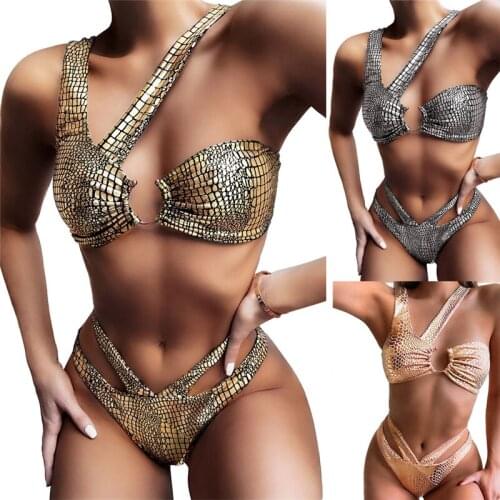 Womens Bronzing Fabric Bikini Swimsuit Sexy Hollow Out Split Two Piece Bathing Suit with Chest Pad