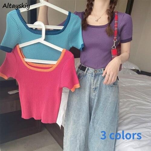 T-shirts Women Student Slim Basic Candy Color Square Collar Cropped Knitted Summer Korean Style Mujer 3 Colors All-match Chic