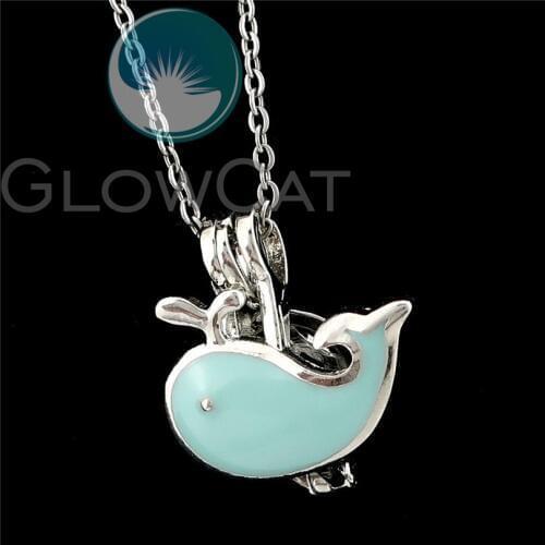 Blue Enamel Whale Beads Cage Pendant Essential Oil Diffuser Pearl Cage Locket Necklace R-K1057