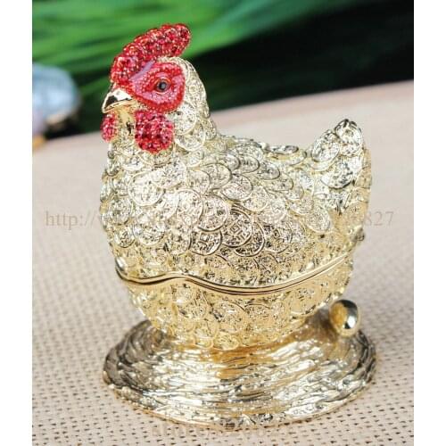 Good Luck and Godd Fortune Bring Rooster Chicken Statue Trinket Jewelry Box Fengshui Chicken Jewelry Box with Coins Covered