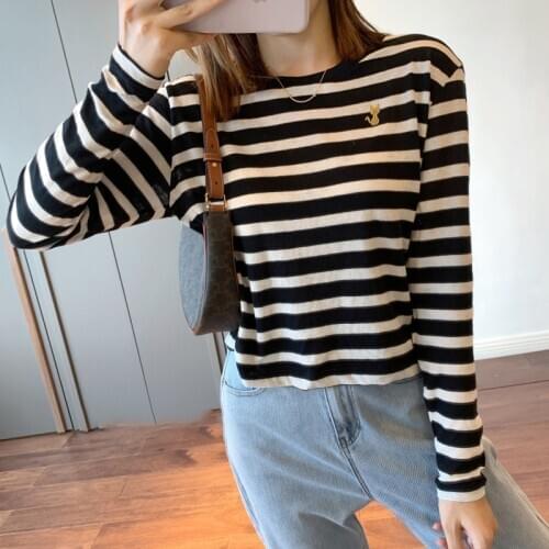Cotton Soft Loose Striped Embroidery Long Sleeve Short Women T-shirt