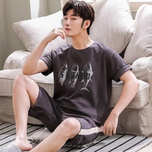 Cotton Short Sleeve Shorts 2pcs Set Men Casual Sleepwear Fashion Pajamas For Couple Summer Simple Cartoon Print Women Homewear