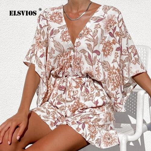 New Fashion Summer Casual Short Sleeve Short Jumpsuit Elegant Ruffle V-neck Buttons Strappy Romper Women Printed Loose Jumpsuits