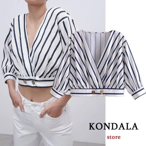 KONDALA Za Office Lady Deep V Neck Blouse Striped Print Button Cropped Tops Mujer Summer 2021 Chic Elegant Sexy Blusas