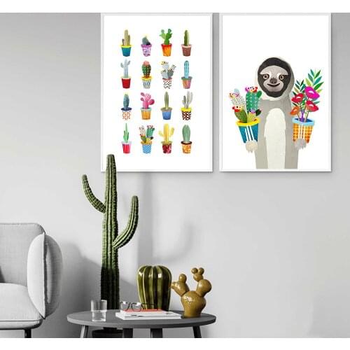 Colorful Botanical Cactus Print Nursery Wall Art Painting Decor Sloth Animal Plant Poster Nordic Wall Picture for Living Room