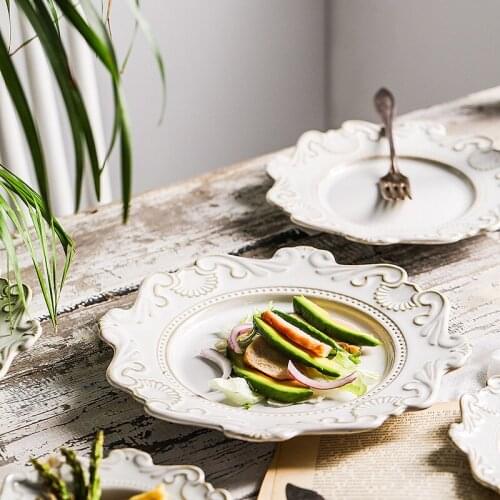 Creative Baroque Ceramic Tableware Dish Western Food Dish Salad Bowl Soup Bowl White Glaze Embossed