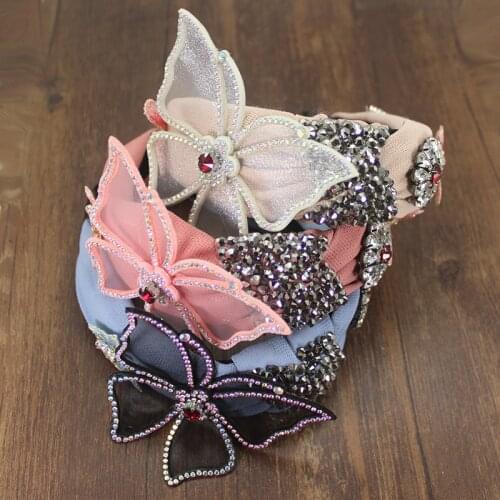 Fashion Hair Accessories Wide Headband Gray Crystal Pink Butterfly Baroque Hairband Center Cross Headwear For Women Headdress