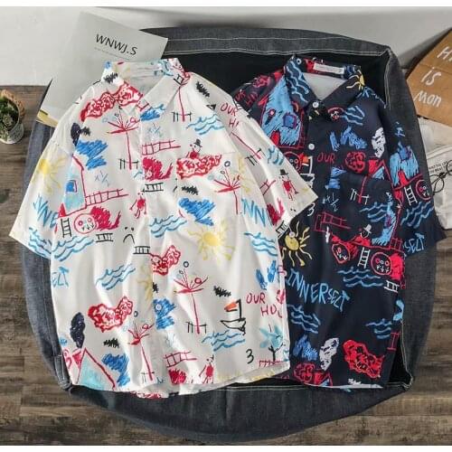 Spring Summer Mens Shirts Streetwear Japan Fashion Graffiti Short Sleeve Shirts Men Casual Men Clothing Hip Hop Tops Shirts