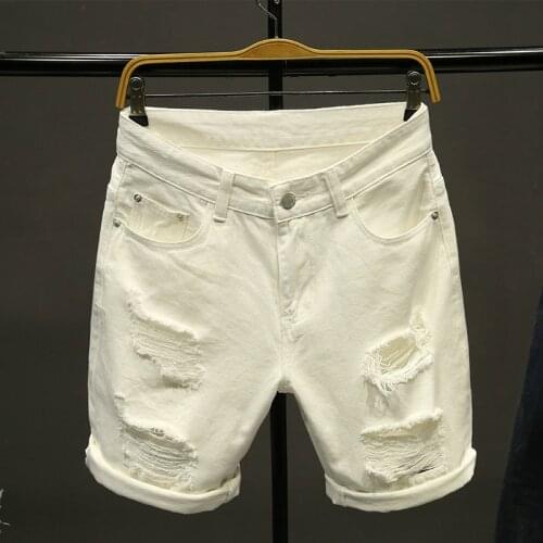 Summer White Men Ripped Loose Straight Jeans Short Fashion Hip Hop Bermuda Holes Male Solid Color Casual Beach Denim Shorts