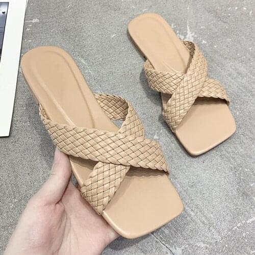 Women Summer Slippers Ladies Cross Leather Square Toe Flat Slides Female Non Slip Outdoor Beach Slipper Shoes Plus Size