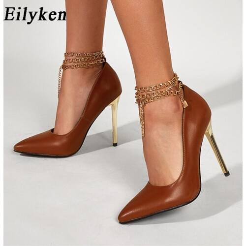Eilyken Spring Autumn Sexy Pointed Toe Woman Pumps Fashion Metal Chain Design Ankle Buckle Strap High Heels Women Dress Shoes
