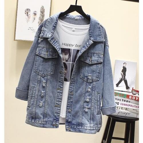 2021 New Women Basic Denim Jacket Grils Print Beading Single Breasted Long Sleeve Oversized Jeans Coats Female Plus Size S-XXXL