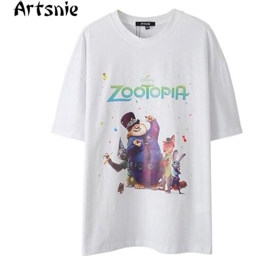 Artsnie Disney Zootopia Cartoon T Shirt Women Summer O Neck Short Sleeve Tops Femme Streetwear White Casual Ladies T-shirts Tee