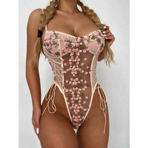 Women Bodysuit Sexy Lingerie with Adjustable Straps, Perspective Flower Embroidery Summer Clothing lenceria sexy hot caliente