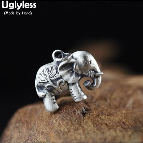 Uglyless Real 990 Pure Silver Animals Elephant Pendants for Women Hollow Thai Silver Lotus Fine Jewelry Elephants Necklaces P887