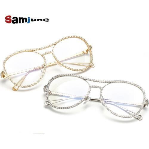 Samjune Sunglasses Women Decorative Rhinestone Brand Designer Copper Frame Mirror lens Double Bridge Sun Glasses