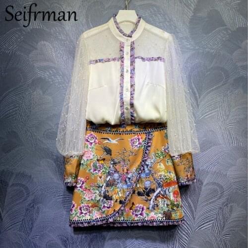 Seifrmann New 2021 Summer Women Fashion Designer Skirt Set Lantern Sleeve Print Blouses+High Waist Short Skirts Two Pieces Suits