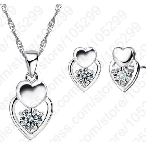 Top Fashion Jewelry Double Heart CZ Set 925 Sterling Silver Pendant Necklace & Stud Earrings Sets women