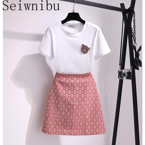 Spring Women Two-Piece Suit Chiffon Shirt Long Sleeve Pearl Decorated Top + Single-Breasted A-Line Skirt Set