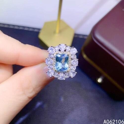 925 Pure Silver Chinese Style Natural Aquamarine Womens Luxury Exquisite Rectangle Adjustable Gem Ring Fine Jewelry Support Det