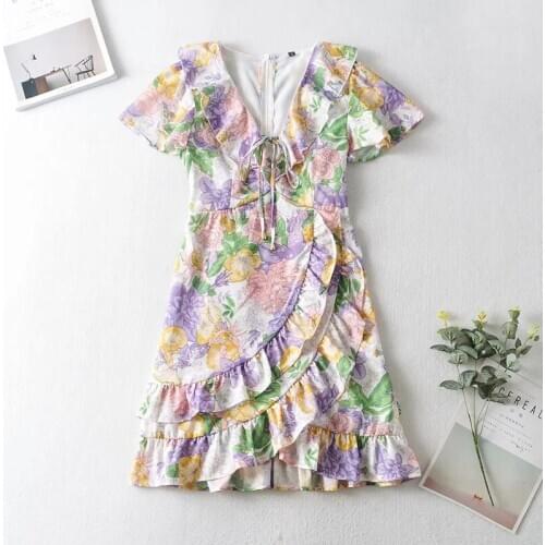 Lamtrip 2021 Spring Summer Flowers Print Romantic Sext Ruffles Deep V-Neck French Chic Mini Rustic Lady Chiffon Dress S M L