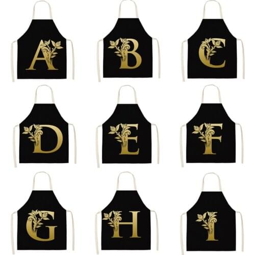 Gold Letter Alphabet Pattern Kitchen Apron For Woman Sleeveless Cotton Linen Aprons Cooking Home Cleaning Tools 55*68cm w429