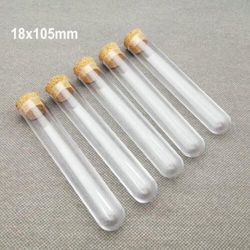 30pcs 50pcs 100pcs Lab 18x105mm Clear Plastic Test Tubes With Corks Stoppers Camellia candy vial wedding gift tube