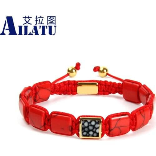 Ailatu 10pcs/lot Mens Bracelet Real Stingray Leather Macrame Bracelets with 10x10mm Man-made Red Howlite Flat Stone Beads