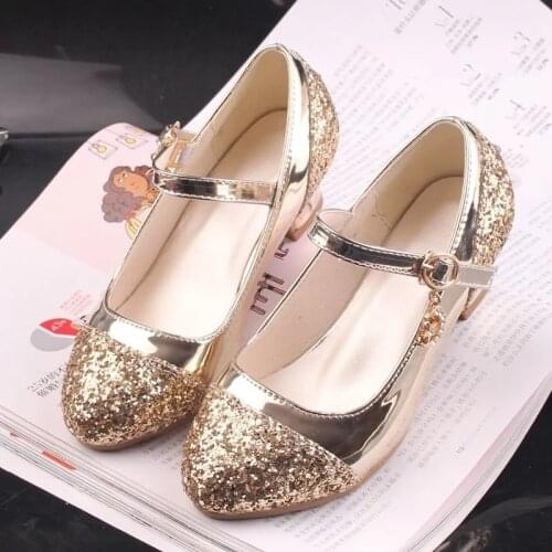 Glitter Gold Shoes For Girls Dress Wedding Party Bridesmaids Heel Mary Jane Princess Shoes Fashion Bow-knot Kids Leather Flats