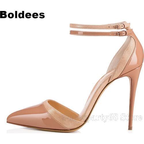 Double Buckle Ankle Straps Nude Black Leather High Heels Sandals Women Summer Solid Fashion Thin High Heels Chaussure Femme