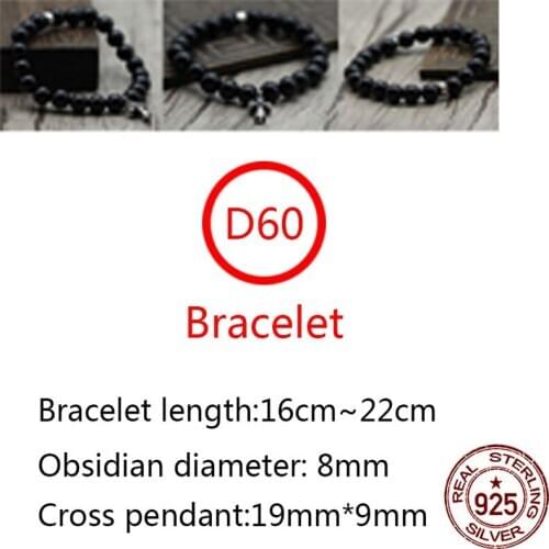 D60 S925 sterling silver bracelet retro personality punk hip-hop style obsidian cross shape couple beaded 2020 new hot