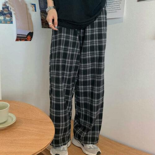 Pants Women New Fashion Plus Size 2XL Black Plaid Harajuku Students Streetwear Full Length Wide Leg Trousers Womens Pants