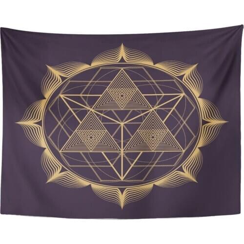 Black Tattoo Gold Monochrome Design Abstract Mandala Sacred Geometry Triangles Lotus Dark Brown Life Tapestry Home Decor