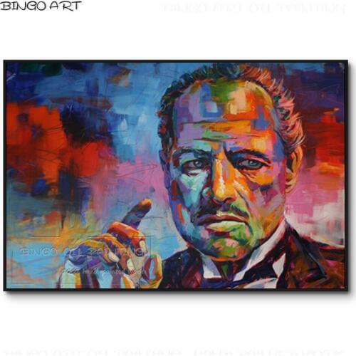 Pure Hand-painted Famous Italian Man Godfather Oil Painting Powerful Man Godfather Smoking Figure Painting for Wall Decoration