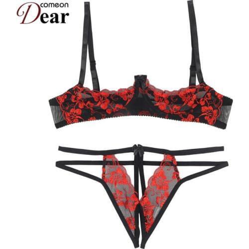Comeondear Lace Open Bra Set Women Sexy Lingerie Set Transparent Bra And Panties Crotchless Erotic Underwear Black Red LB8435