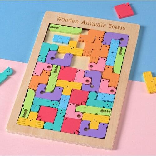 Baby Wood Cartoon Animals Jigsaw Tetris Geometric 3D Puzzles Homeschool Supplies Educational Montessori Wooden Toys for Children
