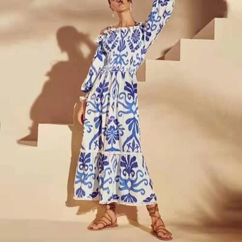 IVY HE Designer Summer Loose Slash Neck Maxi Dress Patchwork Lace Ruched Long Puff Sleeve Printed Blue And White Porcelain Robe