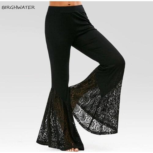 Gothic Sexy Lace Flare Pants Women Elegant Black Bellbottoms Plus Size Trousers Fashion Casual High Waist Oversize Bell Bottom