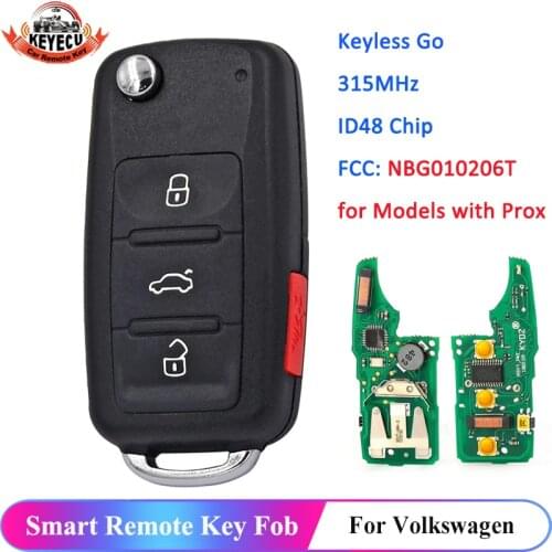 KEYECU Keyless Go Remote Key 3+1 Button 315MHz for Volkswagen 2011 2012 2013 2014 2015 2016 2017 (Models with Prox) NBG010206T
