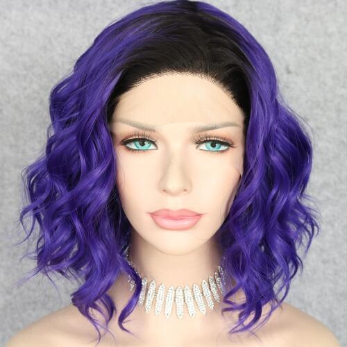 Lvcheryl Short Synthetic Lace Front Wigs Ombre Black To Dark Purple Curly Hair Heat Resistant Hand Tied Hair Wigs Free Parting