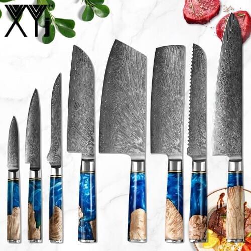 XYj VG10 Damascus Steel Cleaver Kitchen Knife Sharp Cooking Utility Slicing Meat Cutting Vegetable Chef Knife resin Wood Handle