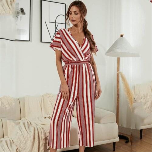 Summer Short Sleeve Women Rompers Womens Jumpsuit Casual Loose Wide Leg Overalls For Women Fashion Stripe Slim Jumpsuits 2021