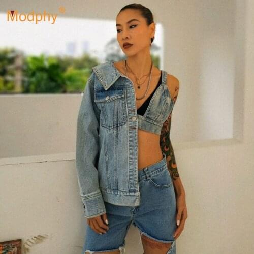 Fashion Chic Denim Jacket WomenS Sexy Long-Sleeved One-Shoulder Open Back Casual Coat 2020 New Autumn Female Clothing