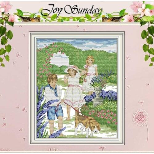 Outing boy girl dog patterns counted 11CT 14CT Cross Stitch Sets DIY Chinese Cross-stitch Kits Embroidery Needlework Home Decor
