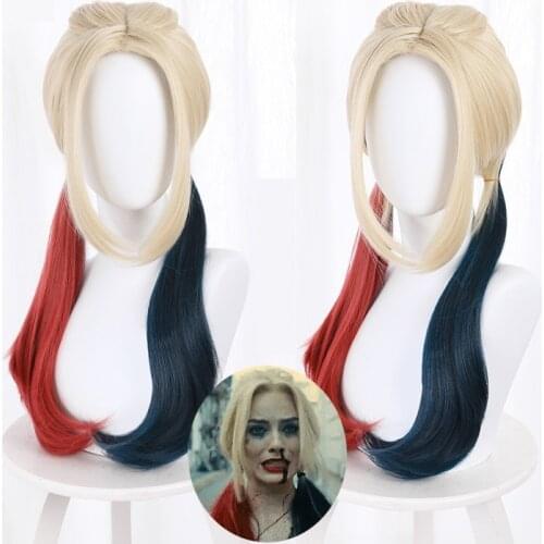 MOCODAR Suicide Joker Girl Quinn Costume Wig Black Red Yellow Mix Color Hair Gradient Woman Girl Curly Wig Halloween Party Props