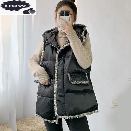 Fashion Winter Warm Hooded Women Loose Fit Tassel White Black Down Vest Single Breasted Thicken Sleeveless Jacket