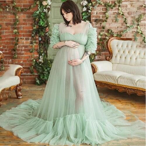Romantic Green Maternity Dresses For Babyshower V Neck Tulle Maternity Gown Photography Outfit Pregnancy Women Long Dress