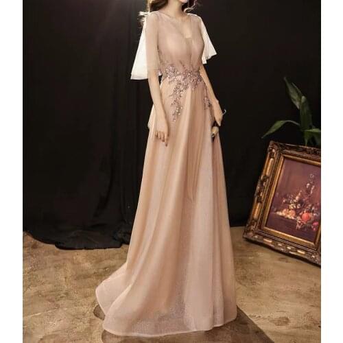 Luxury Champagne Prom Dress A Line Deep V-Neck Floor Sequined Shining Dubai Wedding Banquet Party Evening Gowns With Cap Sleeves
