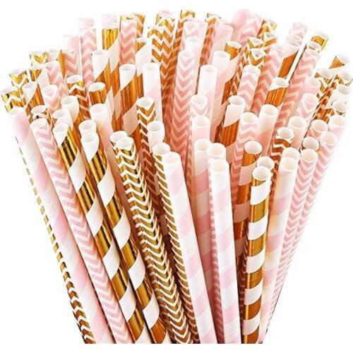 100pcs Pink and Gold Foil Paper Drinking Straws Striped Chevron Carnival Circus Party Favor Wedding Table Decoration Supplies