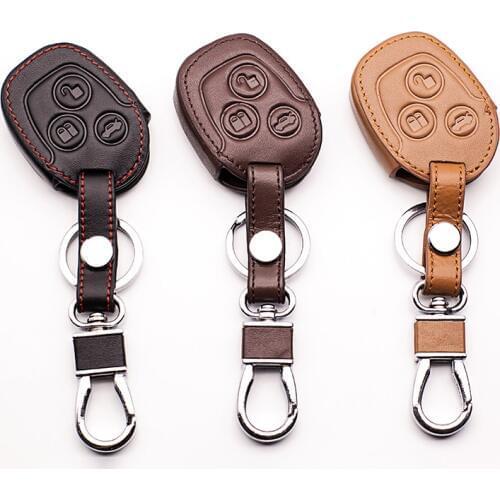 High Quality 100% leather key chain ring cover case holder for ford Mondeo Fiesta Focus C-Max remote holder,3 Buttons key shell